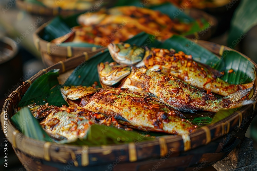 Grilled tilapia with spicy seasoning in a banana leaf lined dish common in Indonesian street food Grilled tilapia with spicy seasoning in a banana leaf lined dish common in Indonesian street food