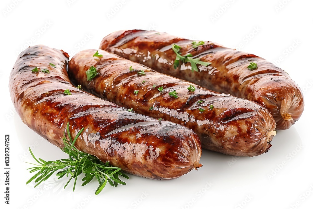Grilled sausages with rosemary garnish on a white plate, perfect for a delicious and hearty meal Grilled sausages with rosemary garnish on a white plate, perfect for a delicious and hearty meal