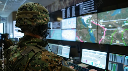 A soldier is looking at a computer screen with a map on it, military headquarters or command post