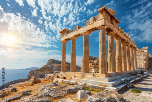 Famous tourist attraction - Acropolis of Lindos. Ancient architecture of Greece. Travel destinations of Rhodes island