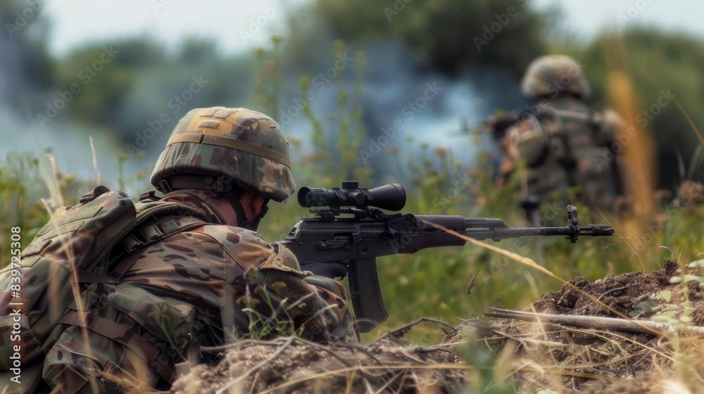 Fototapeta premium A soldier is crouching in the grass with a rifle and a pair of binoculars
