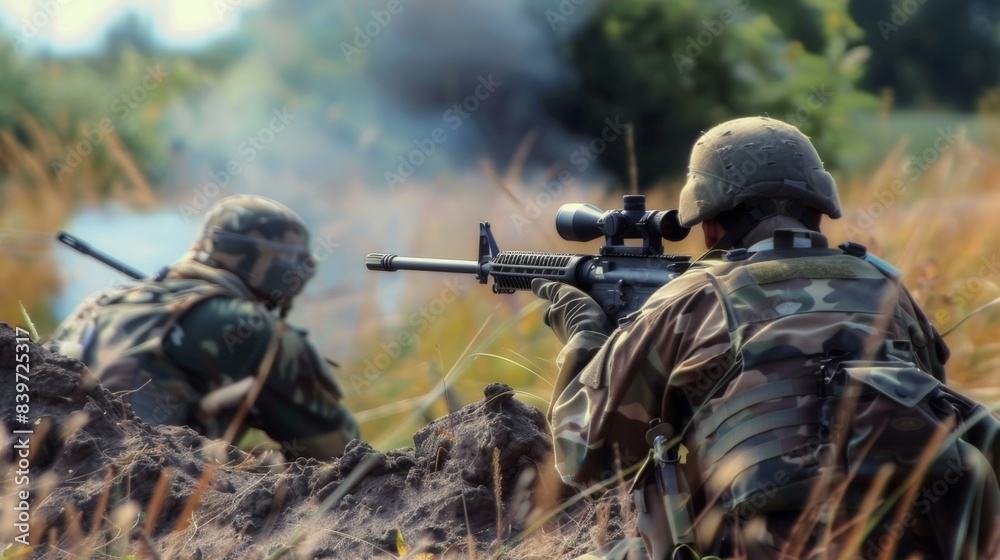 Fototapeta premium Two soldiers are in a field, one of them is holding a rifle