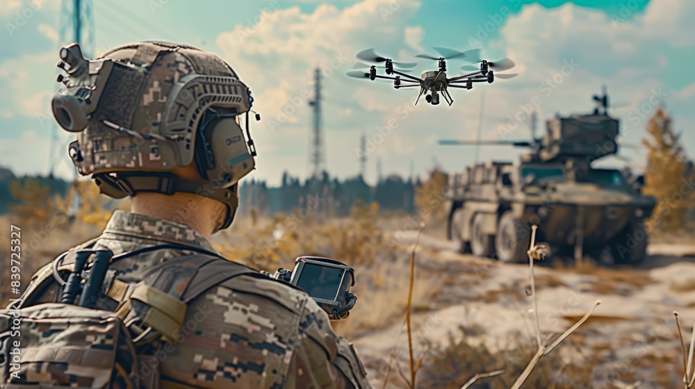 A soldier is watching a drone flying over a military base A soldier is watching a drone flying over a military base