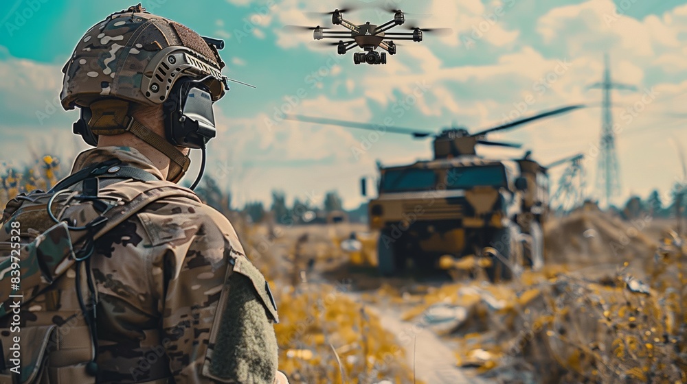 A man in a camouflage uniform is watching a helicopter fly over a field A man in a camouflage uniform is watching a helicopter fly over a field