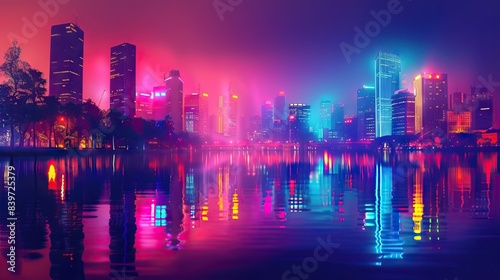 Futuristic city. Concept Art. Cityscape at night with bright neon lights. 3D illustration. AI generated illustration © Fatima