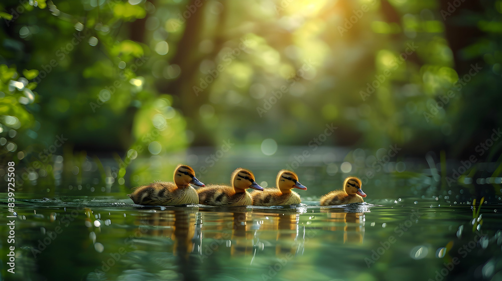 Fototapeta premium A vibrant nature fen landscape with a family of ducks swimming in the clear water