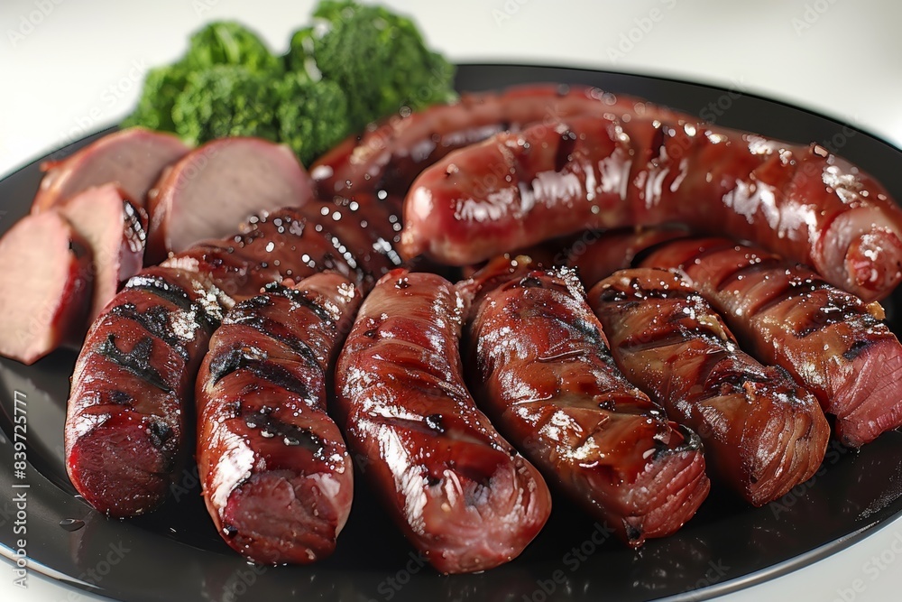 Grilled sausages with parsley garnish on a black plate, perfect for a hearty and savory meal Grilled sausages with parsley garnish on a black plate, perfect for a hearty and savory meal