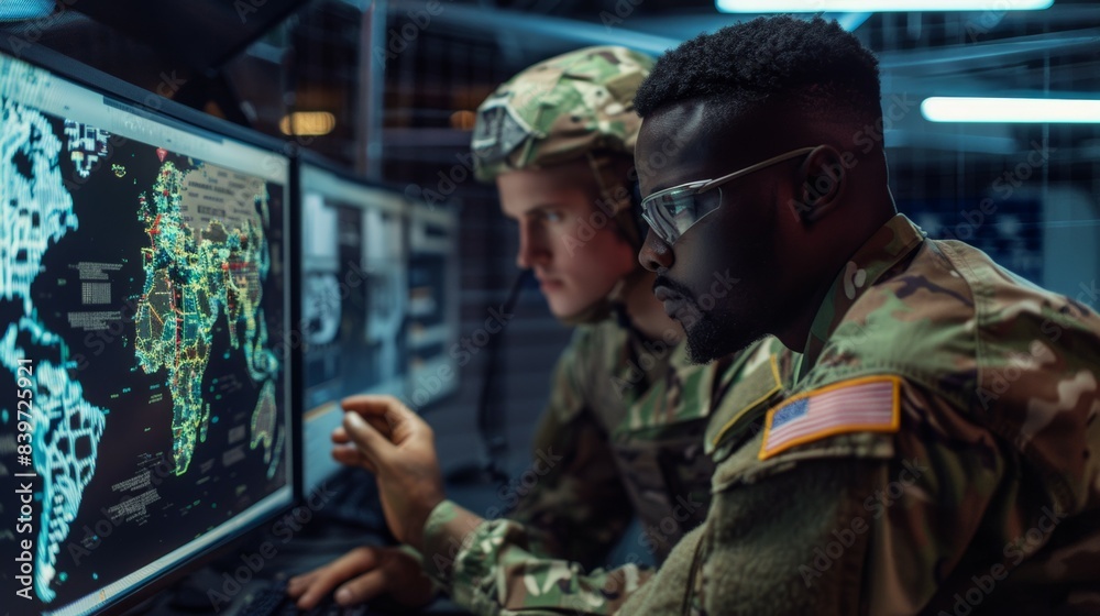 Two soldiers are looking at a computer screen with a map of the world ...