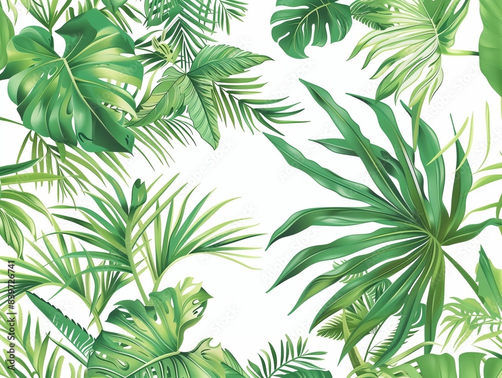 Obraz premium Green forest background. Nature jungle landscape. Amazon rainforest leaf on tropic tree. Fantasy palm for dark leaves. Brazil bush texture.