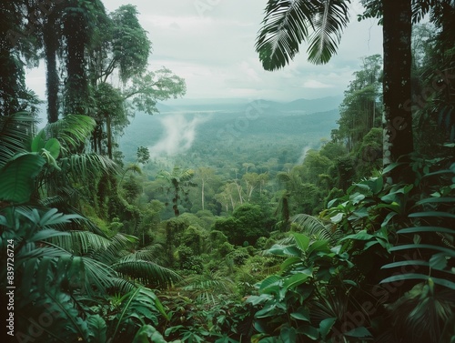 Green forest background. Nature jungle landscape. Rainforest plant leaf for Amazon tree. Palm and leaves for dark fantasy. Brazil summer rain texture.