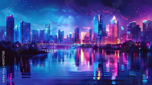 Futuristic city. Concept Art. Cityscape at night with bright neon lights. 3D illustration. AI generated illustration