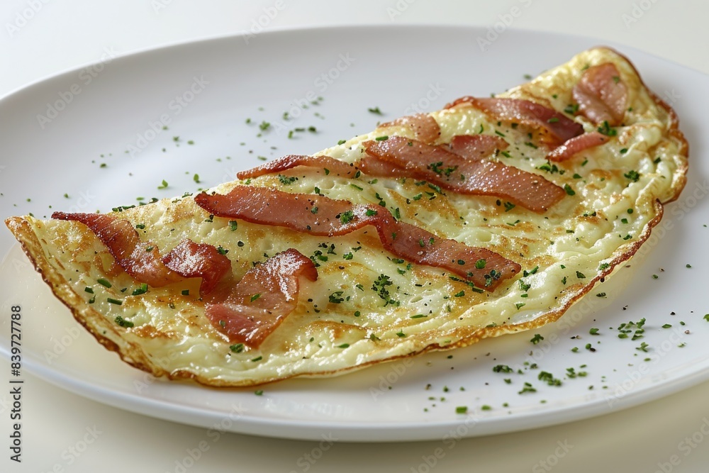Freshly baked pizza with bacon and herbs on a white plate, offering a savory and delicious meal Freshly baked pizza with bacon and herbs on a white plate, offering a savory and delicious meal