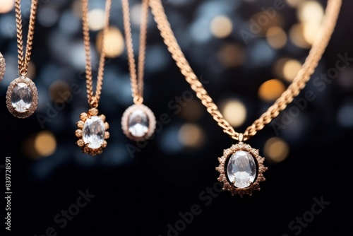 Luxury Necklaces with pendant. Necklaces on jewelry store display showcase. Elegant jewelry display with various necklaces. Jewelry with diamonds or Gem Pendant. Beautiful diamond pendant necklace.