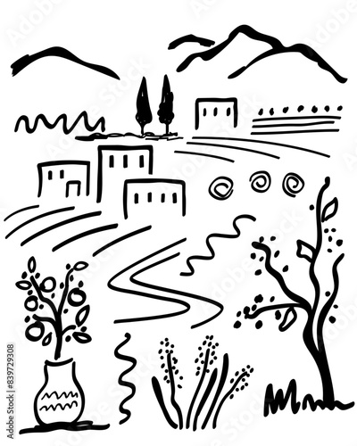Modern abstract monochrome poster wall art Mediterranean rural landscape, houses, cypress trees, bushes, mountains on the horizon. Simple vector illustration, hand drawn with black brush outline.