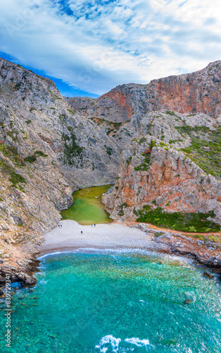 Fototapeta Naklejka Na Ścianę i Meble -  Amazing beach and lake of Kakia Lagada near Agia Pelagia on Kythera island, Greece.