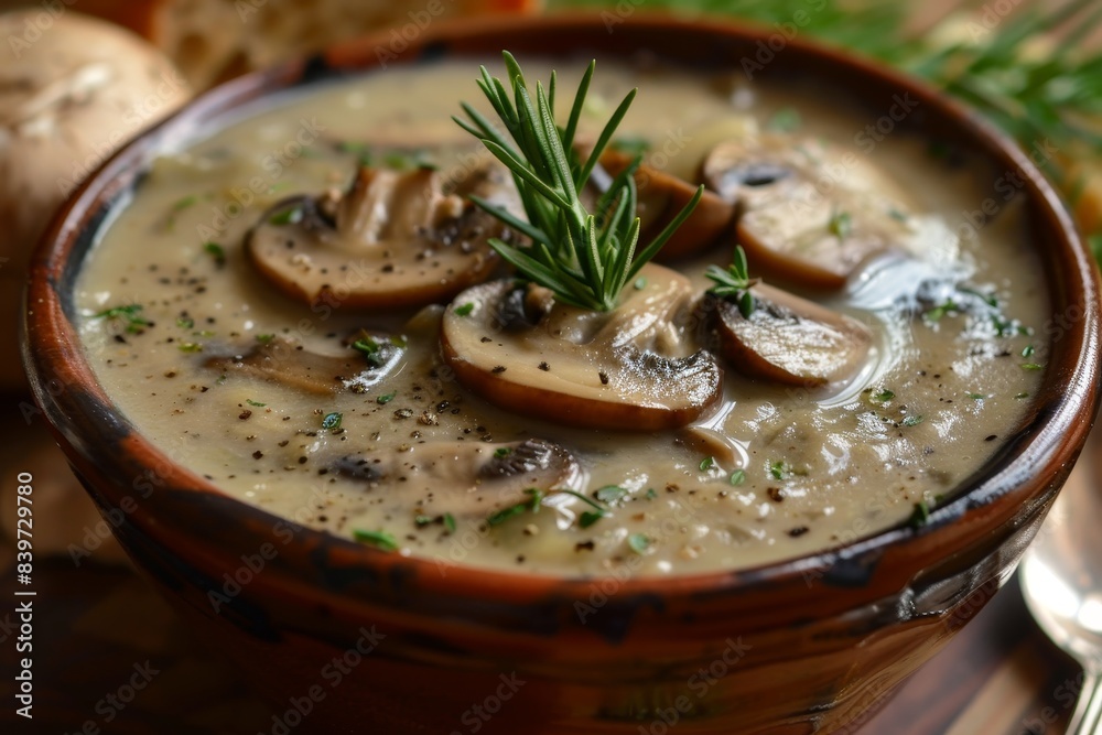 Homemade country style cream of mushroom soup with whole and sliced mushrooms