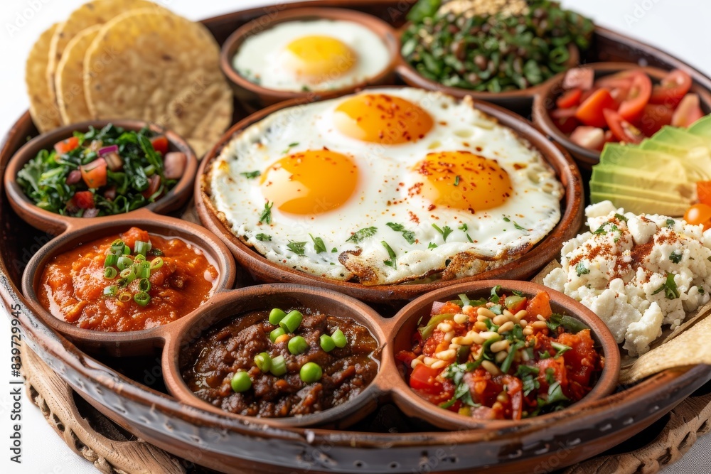 Hearty breakfast platter with eggs, beans, vegetables, and rice, offering a nutritious and flavorful meal
