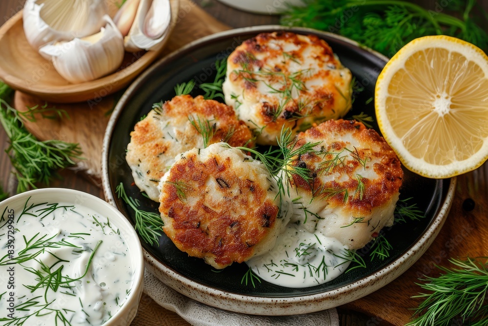 Homemade Thai fish cakes with white sauce dill and lemon on a plate Homemade Thai fish cakes with white sauce dill and lemon on a plate