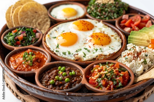 Hearty breakfast platter with eggs  beans  vegetables  and rice  offering a nutritious and flavorful meal