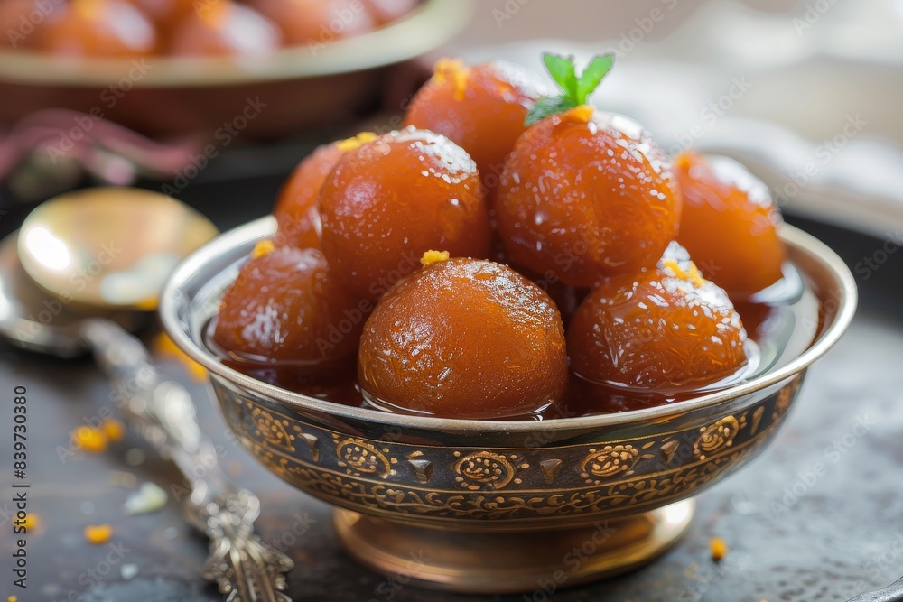 Indian dessert Gulab Jamun made from milk solids and served with sugar syrup coating Indian dessert Gulab Jamun made from milk solids and served with sugar syrup coating