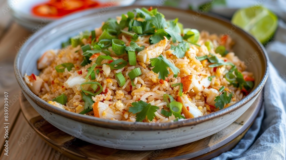 A dish of Thai crab fried rice with pieces of crab meat, green onions, and cilantro, served with lime wedges on the side A dish of Thai crab fried rice with pieces of crab meat, green onions, and cilantro, served with lime wedges on the side