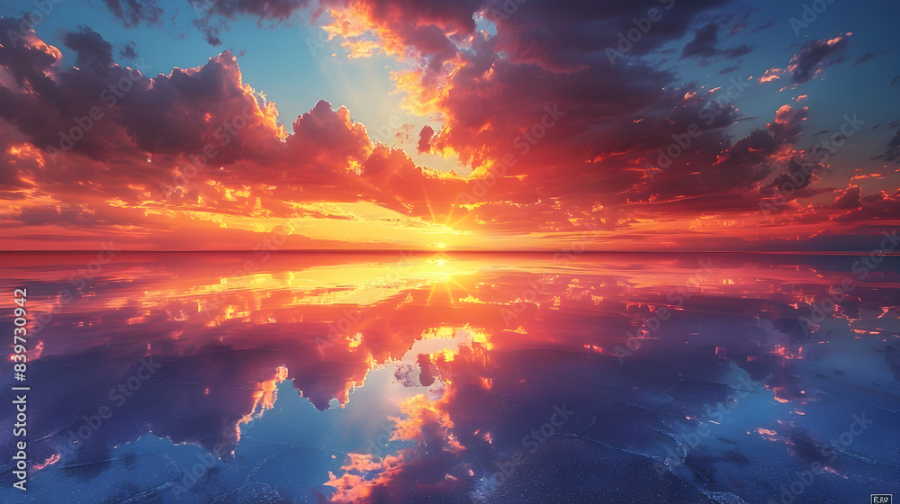 A vibrant nature salt flat landscape with a layer of water reflecting the sky like a mirror A vibrant nature salt flat landscape with a layer of water reflecting the sky like a mirror