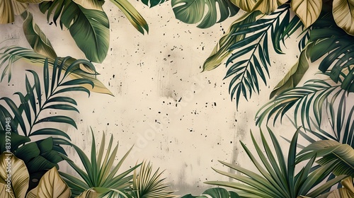 Tropical trees and leaves - 3d wallpaper - wallpaper mural- 3D illustration. AI generated illustration