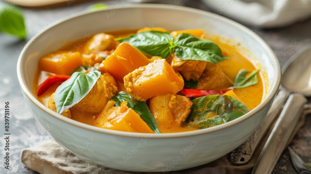 A serving of Thai pumpkin curry with pieces of pumpkin, chicken, and basil leaves, served in a white bowl A serving of Thai pumpkin curry with pieces of pumpkin, chicken, and basil leaves, served in a white bowl