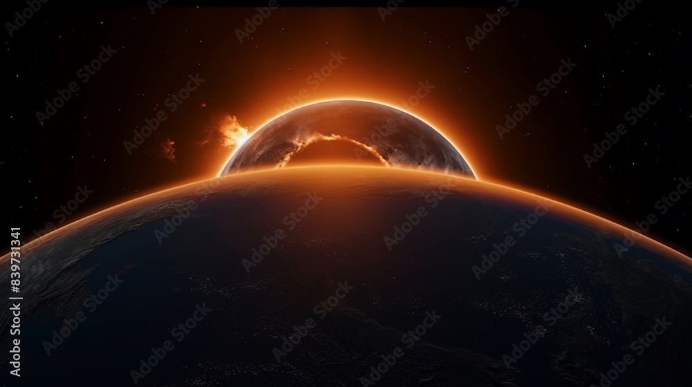 arch of orange solar eclipse across earth view from space