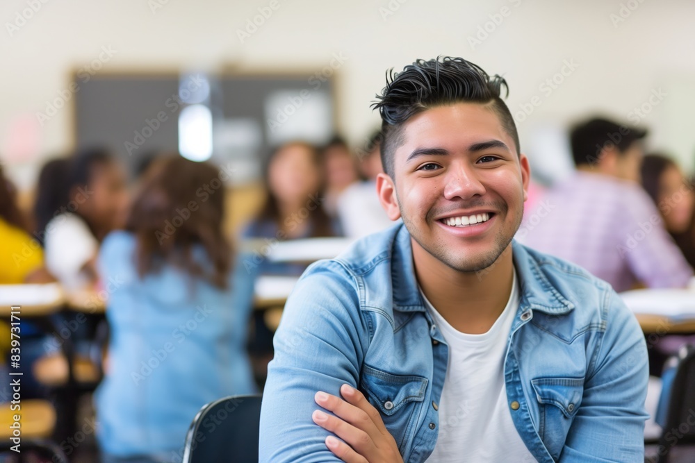 Fototapeta premium Smiling Latino College Student in Bright Classroom Setting