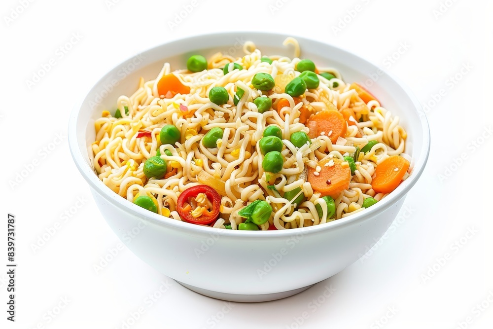Instant noodle bowl with vegetables and chili on white background Instant noodle bowl with vegetables and chili on white background
