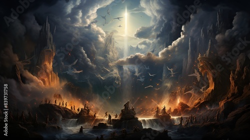 A mythological scene featuring gods and goddesses on Mount Olympus, with clouds and lightning  