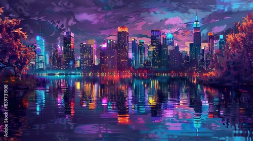 Futuristic city. Concept Art. Cityscape at night with bright neon lights. 3D illustration. AI generated illustration