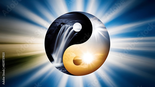 A striking balance of duality in a simple yet profound image. At the center, a perfectly formed yin-yang symbol with the darker  photo