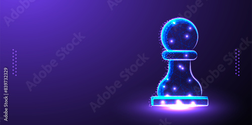 Pawn chess, business strategy low poly wireframe, Futuristic Glowing Digital Chess Pawn on Dark Purple Background