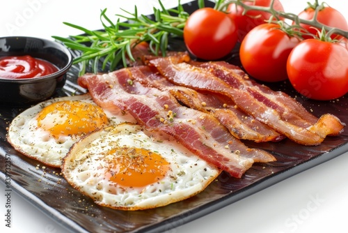Hearty breakfast platter with bacon, eggs, and tomatoes on a black skillet, offering a savory and delicious meal