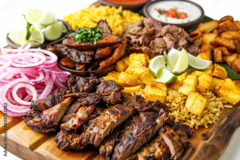 Rustic platter with assorted grilled meats, vegetables, and dipping sauces, offering a hearty and flavorful meal Rustic platter with assorted grilled meats, vegetables, and dipping sauces, offering a hearty and flavorful meal