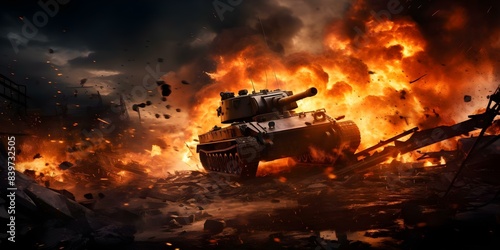 Tank in Battle Explosions and Fire Desktop Wallpaper. Concept Warfare, Explosions, Fire, Tanks, Desktop Wallpaper © Anastasiia