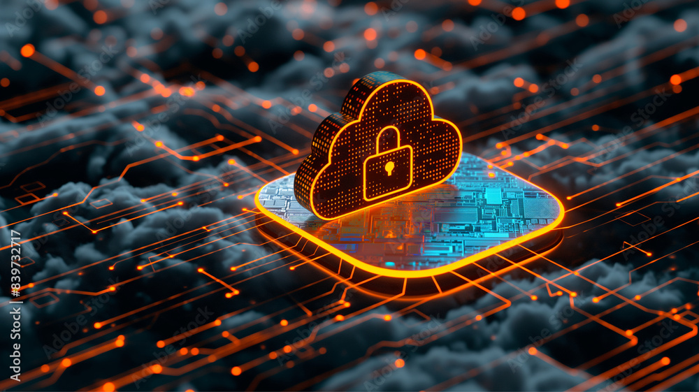 Abstract illustration of cloud security services, stylized cloud icon integrated with a secure padlock symbol, representing data protection and cybersecurity in cloud computing environments