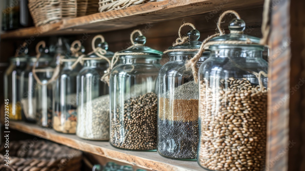 A neatly organized cabinet with small glass jars filled with various grains, generated with AI A neatly organized cabinet with small glass jars filled with various grains, generated with AI