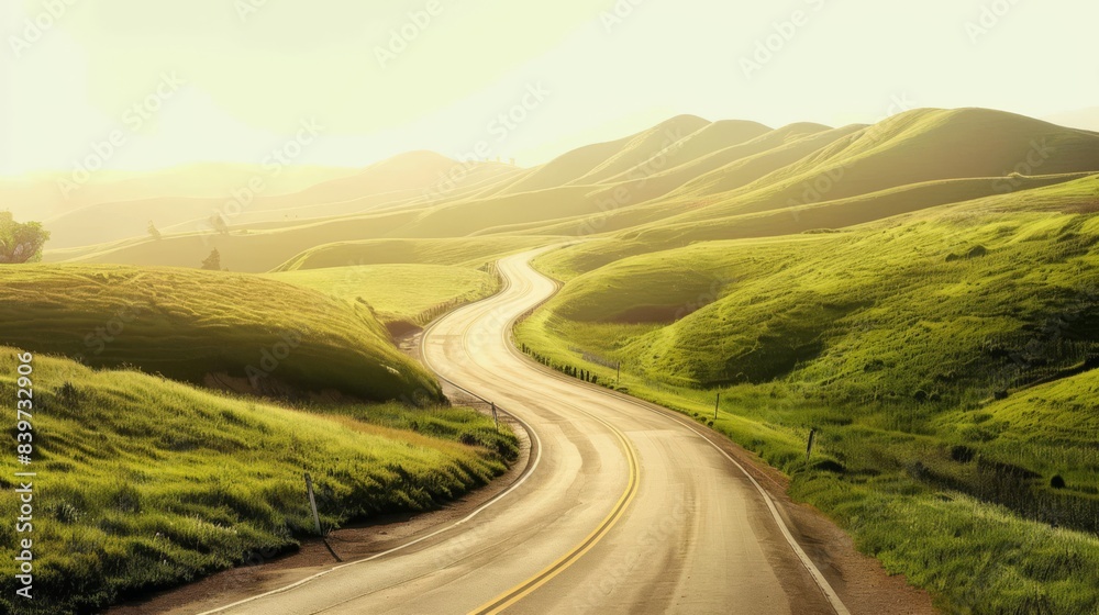 A picturesque winding road extends far into the distance surrounded by verdant landscapes and soft undulating hills with a clear sky overhead, generated with AI A picturesque winding road extends far into the distance surrounded by verdant landscapes and soft undulating hills with a clear sky overhead, generated with AI