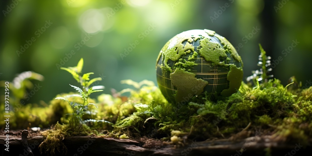 Green Energy and Environment Earth Globe in Lush Forest Setting. Concept Green Energy, Environment, Earth Globe, Lush Forest Setting Green Energy and Environment Earth Globe in Lush Forest Setting. Concept Green Energy, Environment, Earth Globe, Lush Forest Setting