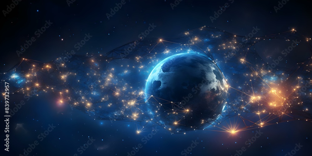 Obraz premium Interconnecting Planets in Space A Digital Global Network with Abstract Dark Blue Background. Concept Digital Art, Interconnected Planets, Global Network, Space Background, Abstract Design