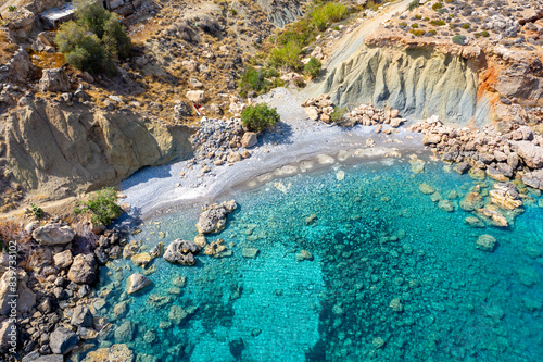 Famous sandy beach of Kalo Nero and Staousa near Makris Gialos, Crete, Greece. photo