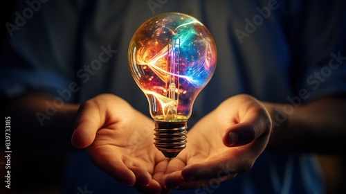 A person holding a bulb that emits a spectrum of digital pixels, representing the world of digital media and creativity 