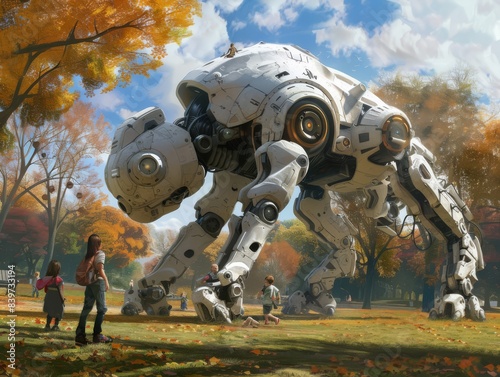 A robot dog playing in a park with children photorealistic and joyful, generated with AI