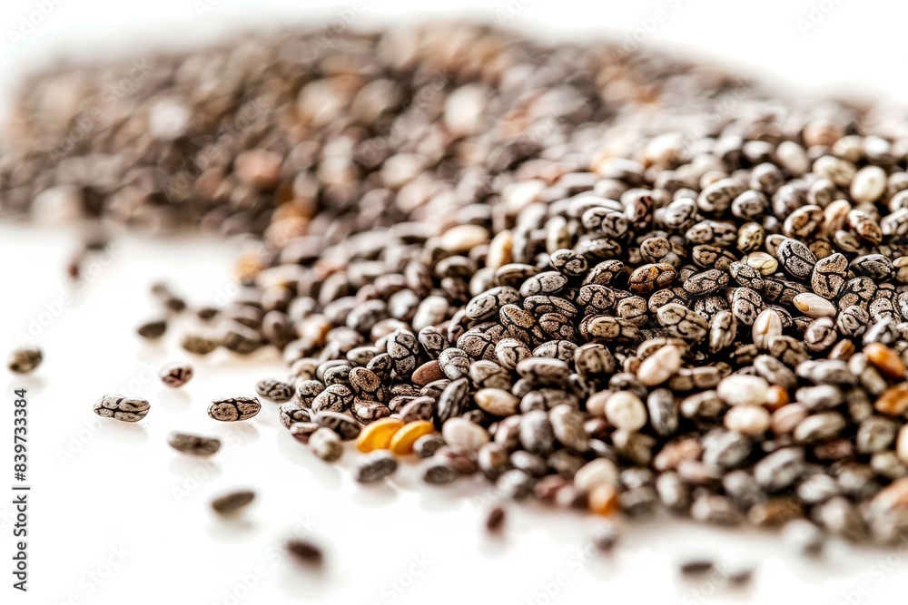Macro closeup of chia seeds on white background Macro closeup of chia seeds on white background