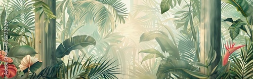 columns in the tropics on a textured background in a watercolor style photo wallpaper in the interior. AI generated illustration