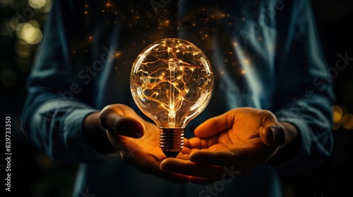 A person holding a bulb that projects scenes of space exploration, symbolizing curiosity and the quest for discovery 