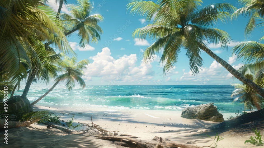 Fototapeta premium A tropical beach with palm trees and turquoise water photorealistic and relaxing, generated with AI